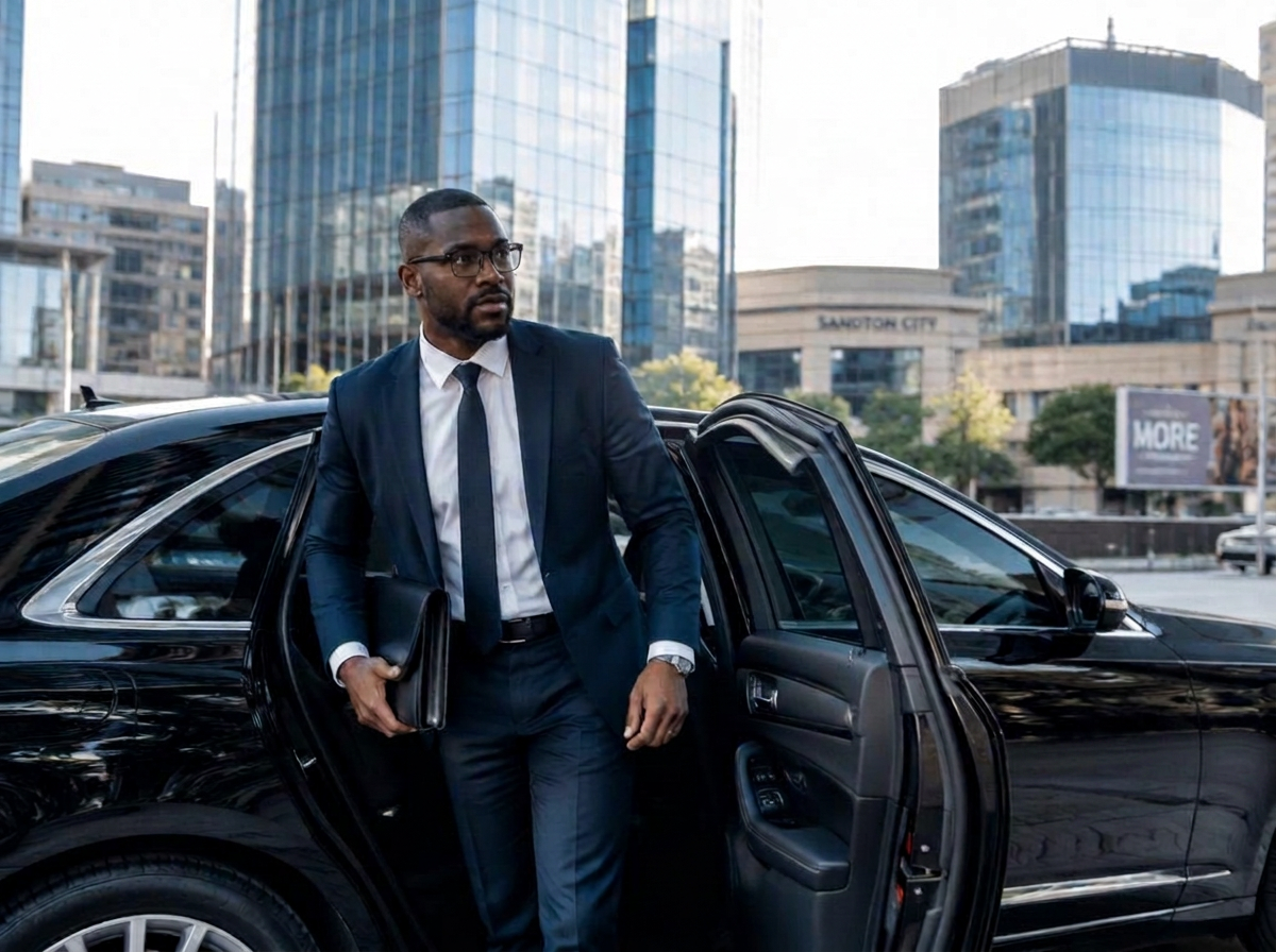 Executive stepping out of a black sedan in Sandton