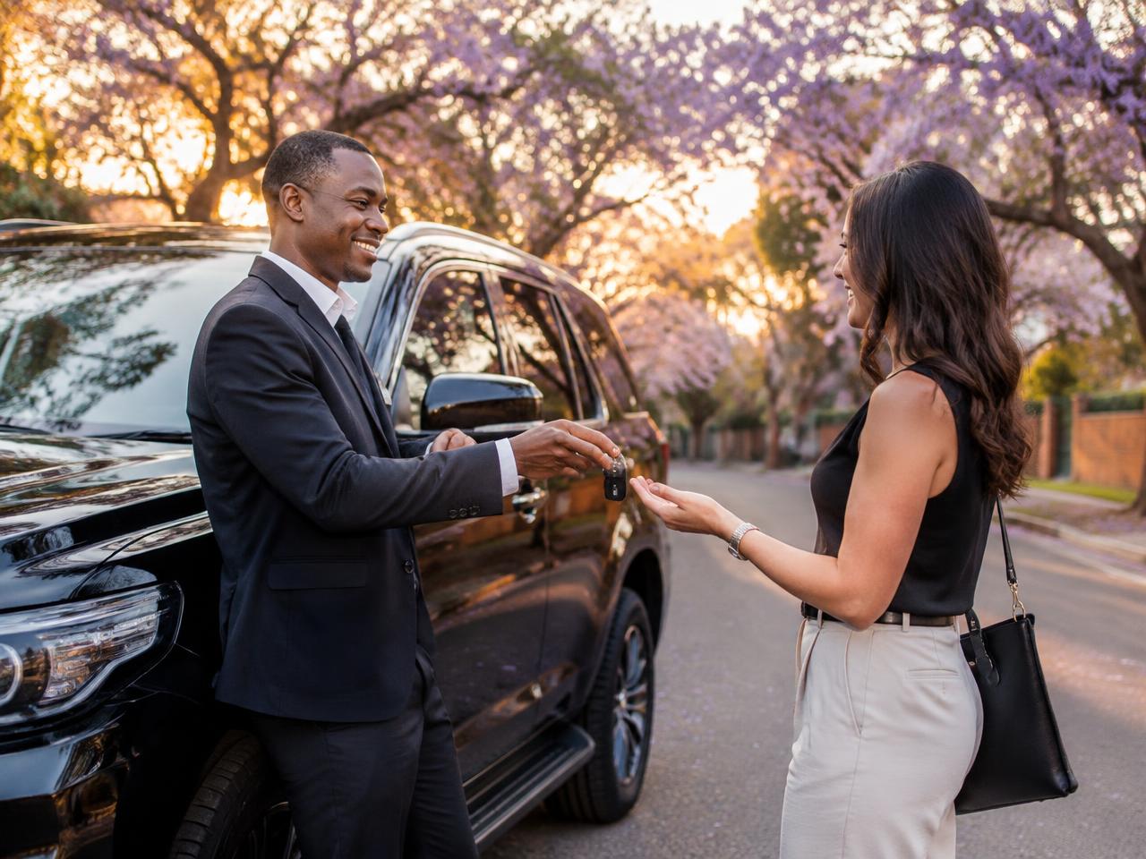 Rental agent handing car keys to a customer beside a black SUV